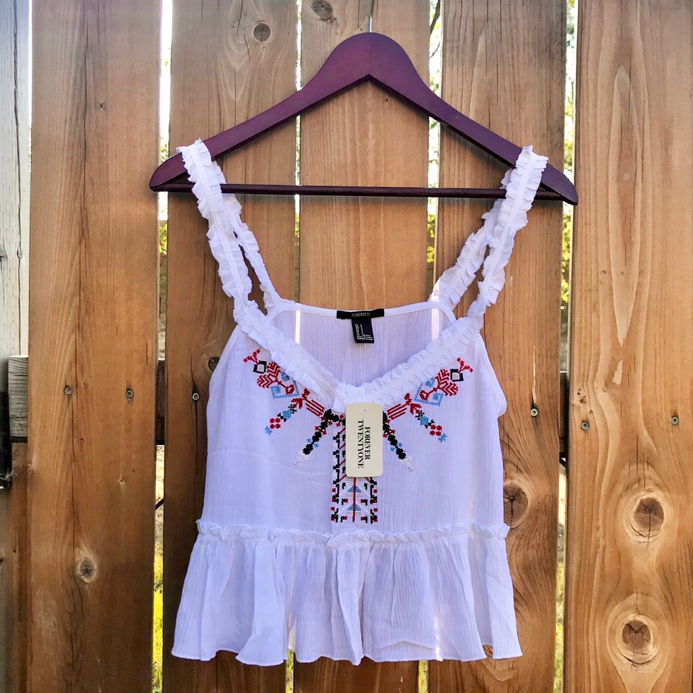 Forever 21 Folk Embroidered Crop Tank Top
